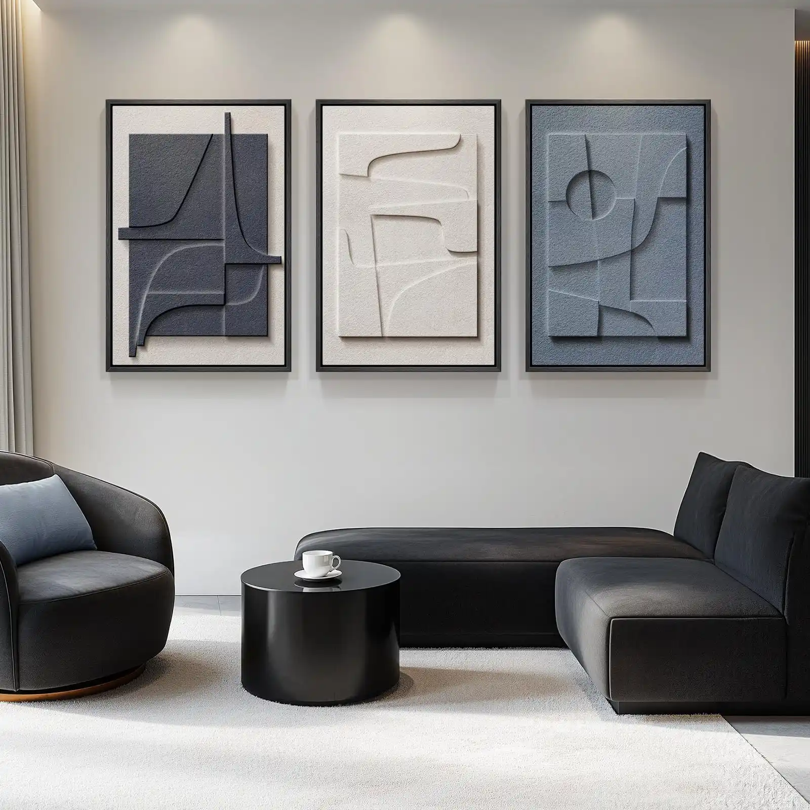 Large 3D Textured Framed Blue and White Abstract Wall showcase