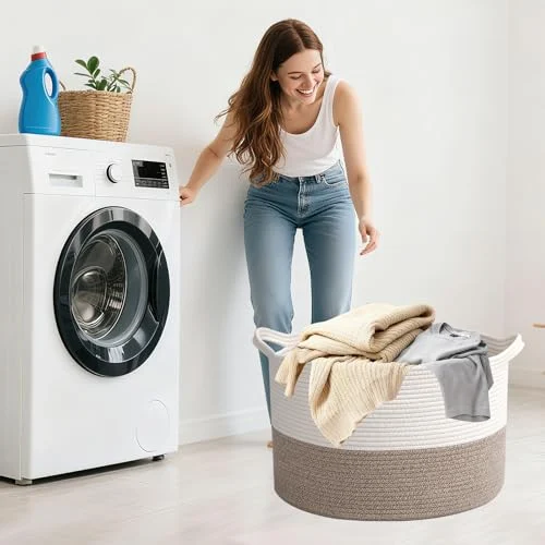 Large Woven Blanket Basket – 65L Cotton Rope Storage Hamper features