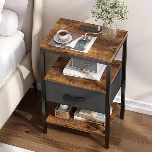 SUPERJARE Nightstand with Charging Station – Adjustable Fabric Drawer detail