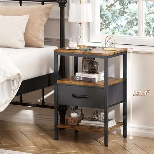 SUPERJARE Nightstand with Charging Station – Adjustable Fabric Drawer features