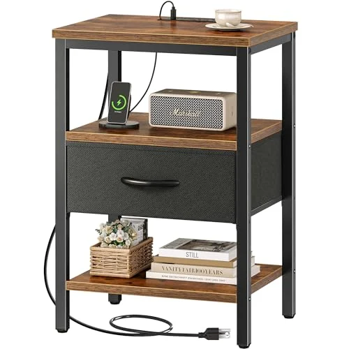 SUPERJARE Nightstand with Charging Station – Adjustable Fabric Drawer review