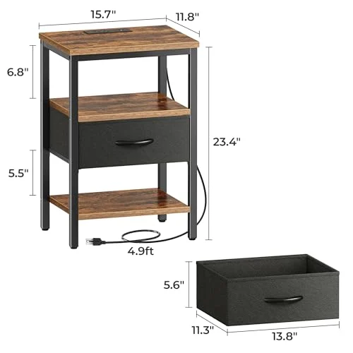 SUPERJARE Nightstand with Charging Station – Adjustable Fabric Drawer showcase