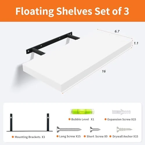 Upassion White Floating Shelves – 16-Inch Wall-Mounted Set of 3 showcase