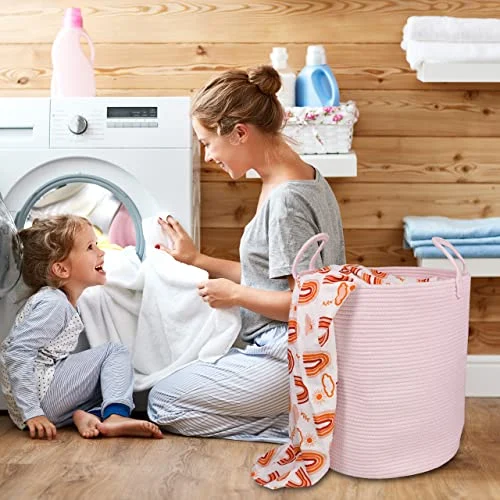 XUANGUO Cotton Rope Laundry Basket – Tall Woven Hamper for Kids features