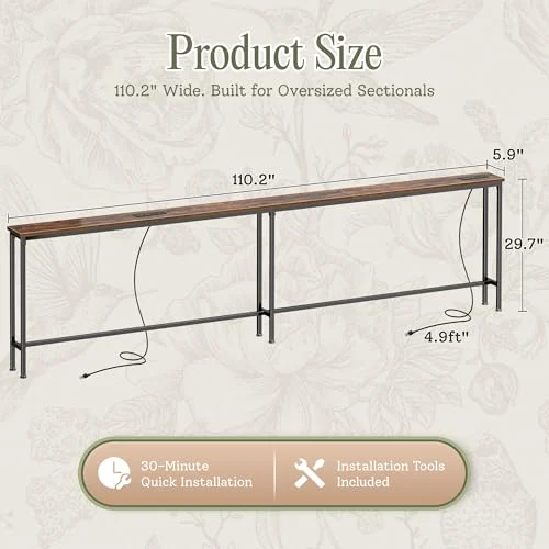 110.2-Inch Behind Couch Table with Power Outlets and USB Ports detail