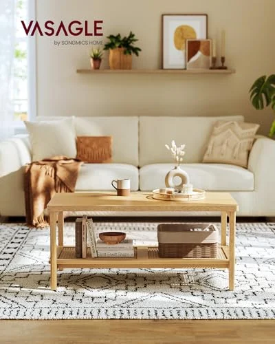 2-Tier Coffee Table with PVC Rattan Shelf for Boho Living Room detail