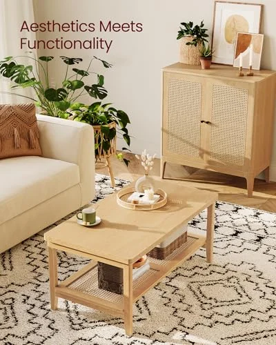 2-Tier Coffee Table with PVC Rattan Shelf for Boho Living Room features
