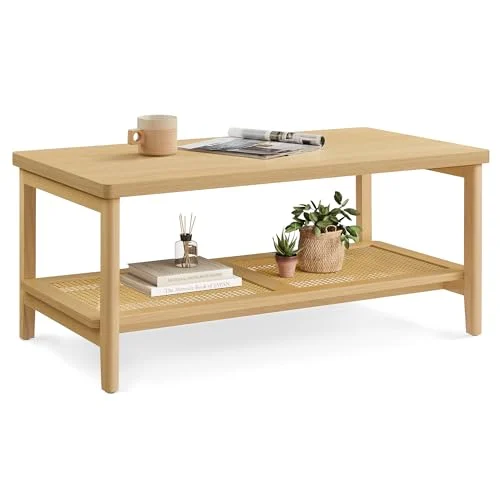 2-Tier Coffee Table with PVC Rattan Shelf for Boho Living Room review