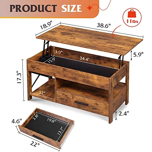 39-Inch Lift Top Coffee Table with Hidden Compartment for Living Room showcase