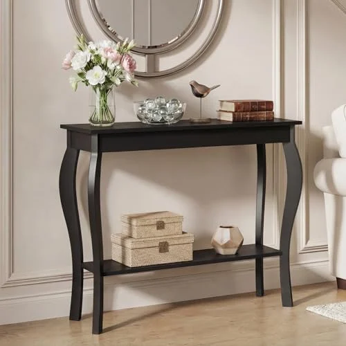 39-Inch Narrow Entryway Table with Curved Legs and Shelves features
