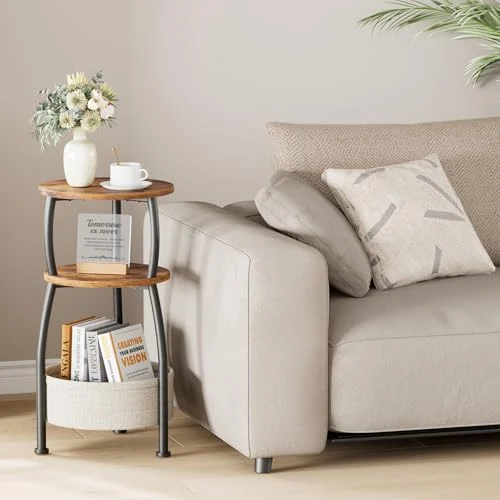 3-Tier Round Side Table with Storage Basket for Small Spaces detail