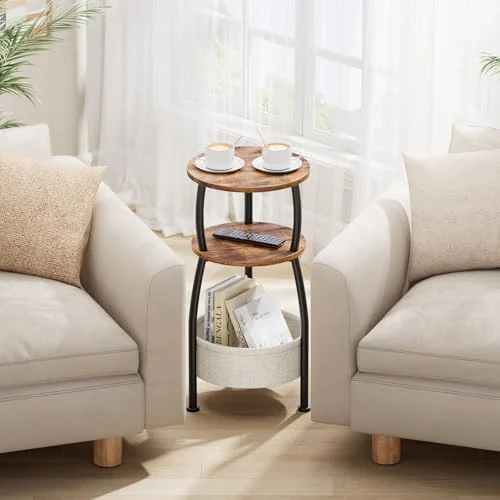 3-Tier Round Side Table with Storage Basket for Small Spaces features
