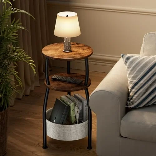 3-Tier Round Side Table with Storage Basket for Small Spaces results