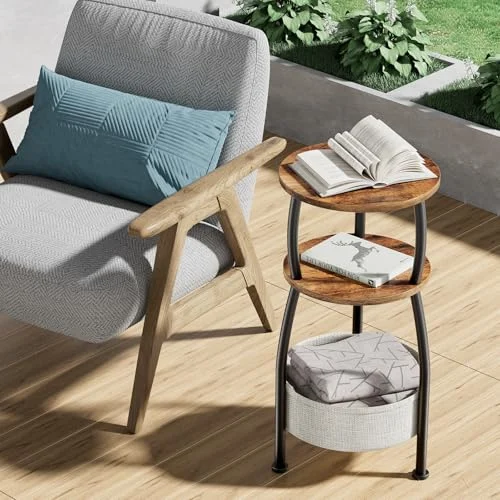 3-Tier Round Side Table with Storage Basket for Small Spaces unboxing
