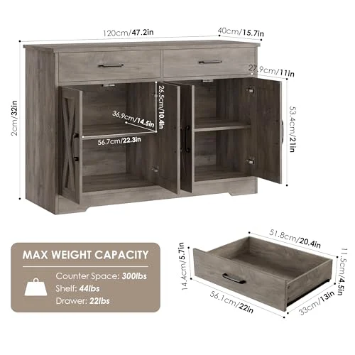 47-Inch Kitchen Sideboard Buffet Cabinet with Storage and Doors showcase
