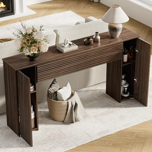 61-Inch Fluted Console Table with Hidden Storage Cabinets features