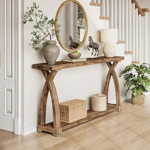 63-Inch Narrow Farmhouse Couch Table with 2-Tier Storage features