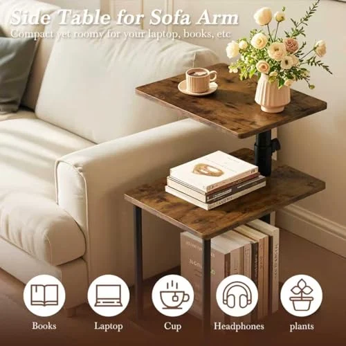 Adjustable C-Shaped Swivel Side Table with Storage for Living Room features