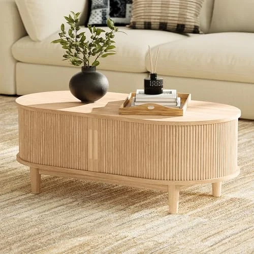 Boho Oval Coffee Table with Sliding Door for Living Room or Bedroom detail