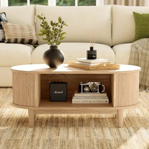 Boho Oval Coffee Table with Sliding Door for Living Room or Bedroom features