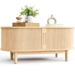 Boho Oval Coffee Table with Sliding Door for Living Room or Bedroom