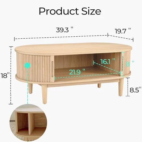 Boho Oval Coffee Table with Sliding Door for Living Room or Bedroom showcase