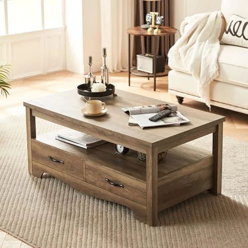 Chic Farmhouse Coffee Table with Storage Drawers for Living Room detail