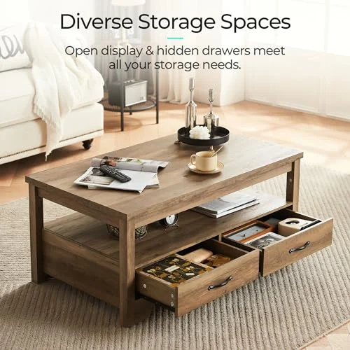Chic Farmhouse Coffee Table with Storage Drawers for Living Room features