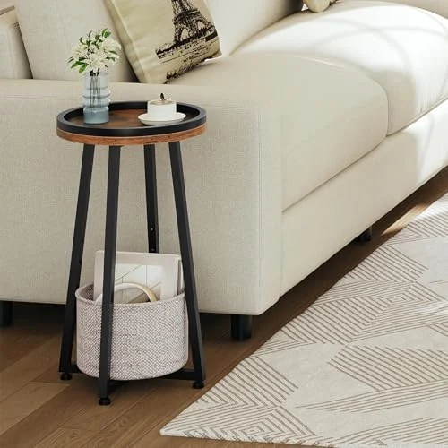 Compact 2-Tier Round End Table with Storage Basket for Small Spaces detail