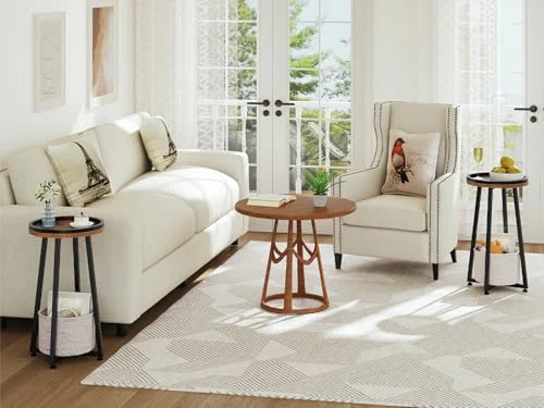 Compact 2-Tier Round End Table with Storage Basket for Small Spaces features