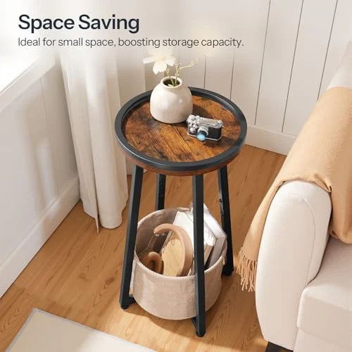 Compact 2-Tier Round End Table with Storage Basket for Small Spaces results