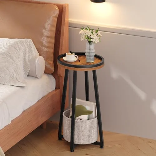 Compact 2-Tier Round End Table with Storage Basket for Small Spaces unboxing