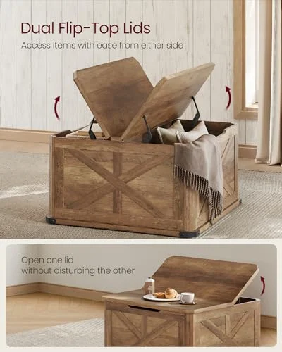 Farmhouse Coffee Table with Flip-Top Lids for Convenient Storage features