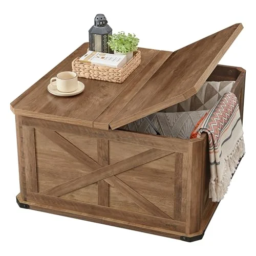 Farmhouse Coffee Table with Flip-Top Lids for Convenient Storage review
