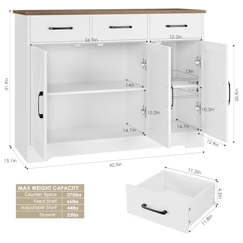 Farmhouse Kitchen Buffet Cabinet with Adjustable Storage for Dining Room showcase