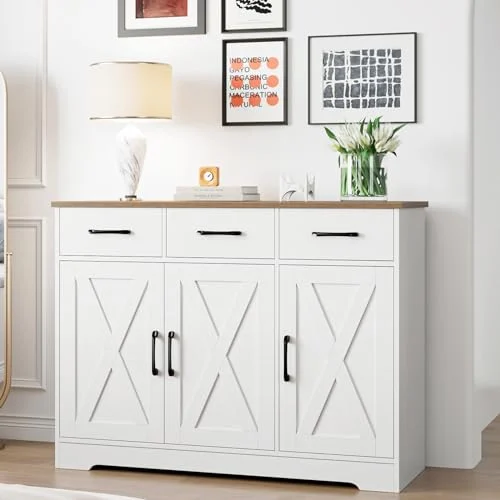 Farmhouse Kitchen Buffet Cabinet with Adjustable Storage for Dining Room unboxing
