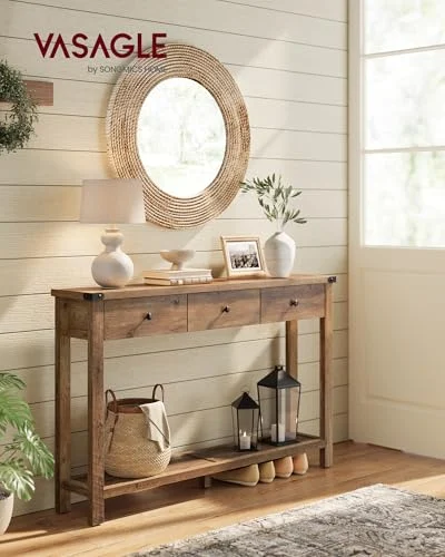 Farmhouse Style Console Table with 3 Drawers and Metal Corners detail