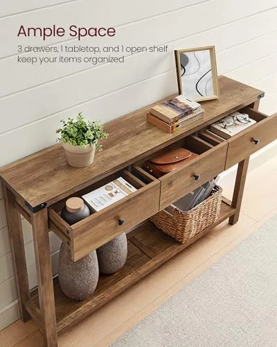 Farmhouse Style Console Table with 3 Drawers and Metal Corners features