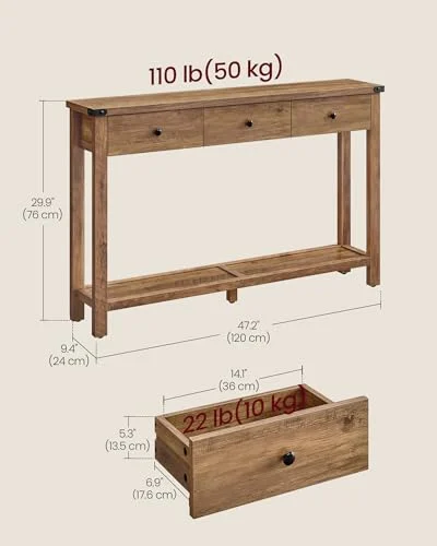 Farmhouse Style Console Table with 3 Drawers and Metal Corners showcase