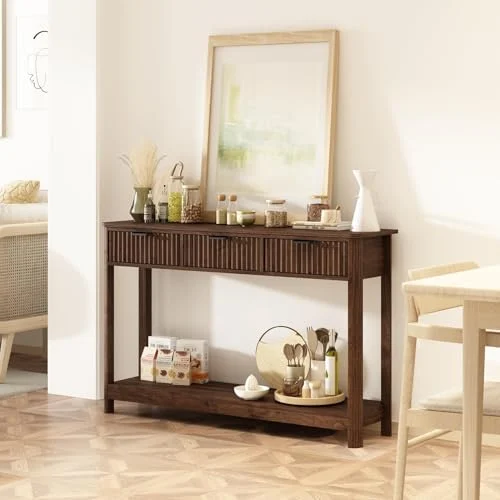 Fluted Wood Console Table with 3 Drawers for Modern Homes detail