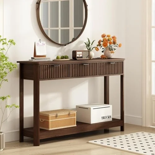 Fluted Wood Console Table with 3 Drawers for Modern Homes features