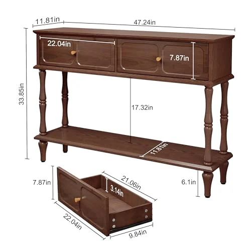 Mid-Century Console Table with 2 Drawers and Open Shelf detail