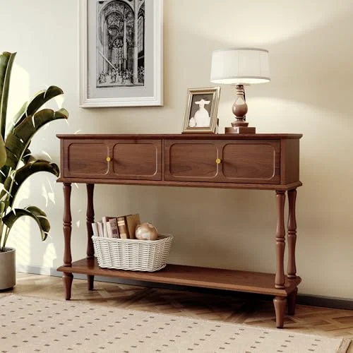 Mid-Century Console Table with 2 Drawers and Open Shelf showcase