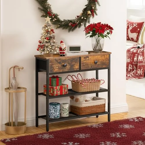 Narrow Console Table with 2 Fabric Drawers for Entryway Storage features