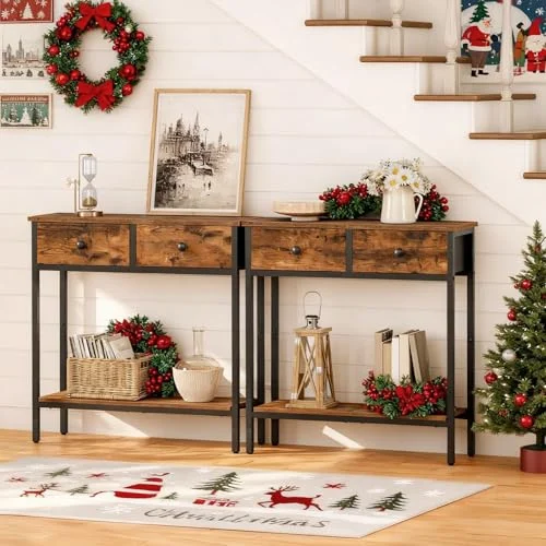 Narrow Console Table with Fabric Drawers and 2-Tier Storage detail