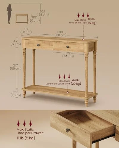 Narrow Entryway Sofa Table with Drawers and Shelf detail