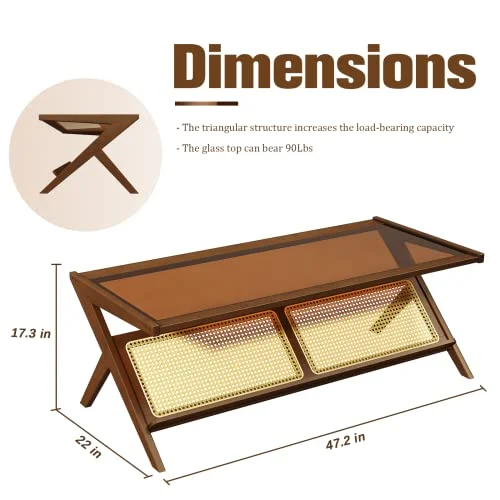 Rattan Coffee Table with Glass Top for Mid-Century Style Living Room detail