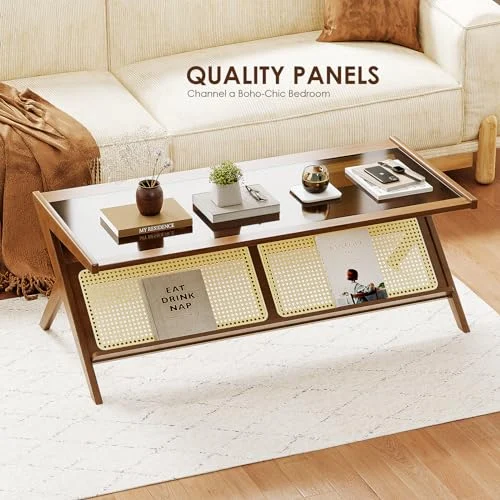 Rattan Coffee Table with Glass Top for Mid-Century Style Living Room features