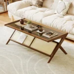 Rattan Coffee Table with Glass Top for Mid-Century Style Living Room