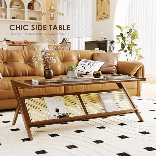 Rattan Coffee Table with Glass Top for Mid-Century Style Living Room showcase